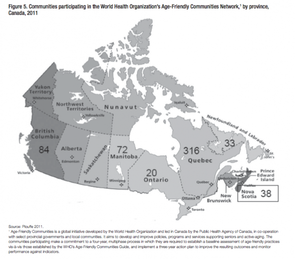 Figure 5. Communities participating in the World Health Organizations Age Friendly Communities Network1 by province Canada 2011